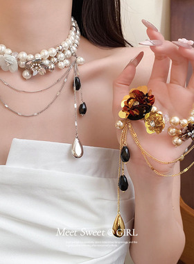串珠花朵水滴流苏项链锁骨颈链女
