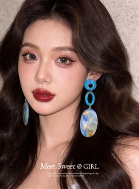 蓝色串珠流苏耳钉复古耳环2026爆款高级感耳饰女夸张独特漂亮耳坠