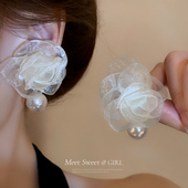 高级感法式 耳环2025新款 爆款 珍珠山茶花耳钉女白色大花朵夸张耳饰