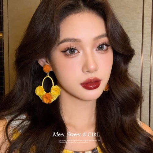 海边度假风布艺花朵耳钉女