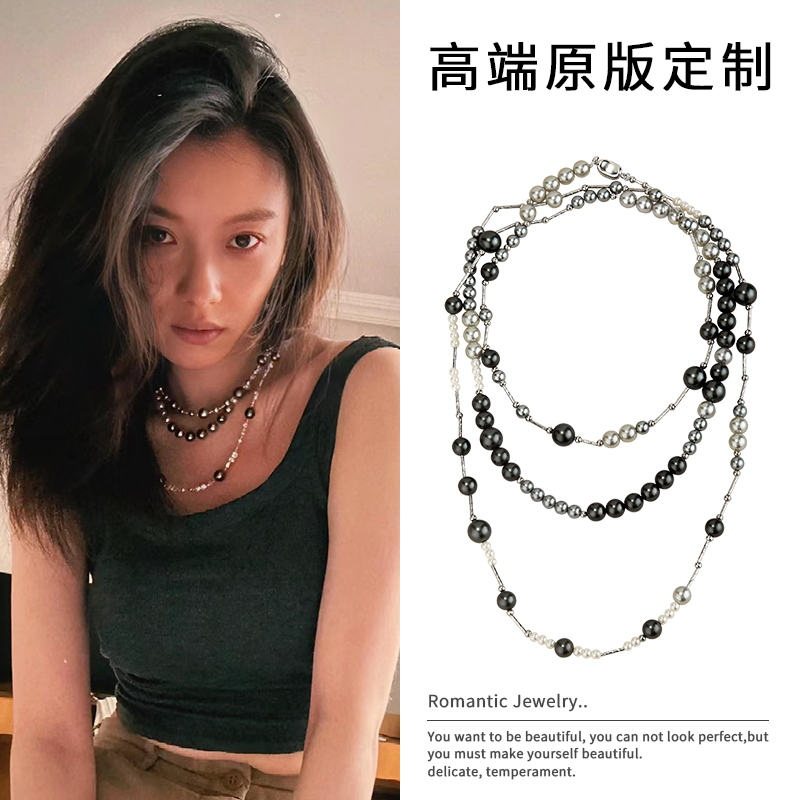 黑色手工串珠珍珠项链女
