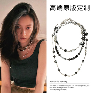 倪妮同款 叠戴毛衣链配饰夸张首饰 黑色串珠珍珠项链女轻奢小众长款