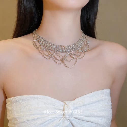 韩系闪钻多层花边项链女款