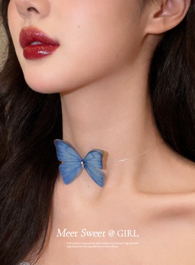 夏日雪纱蓝色蝴蝶颈链女