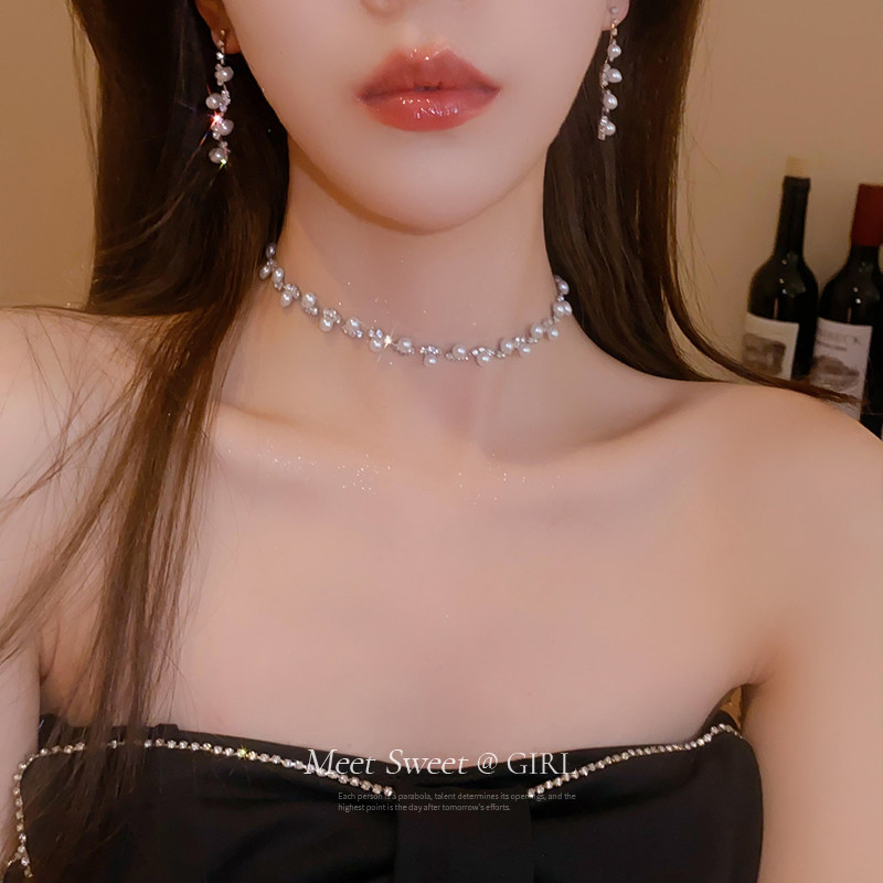 珍珠项链耳钉套装首饰女轻奢小众新娘礼服锁骨链高级感新款颈链