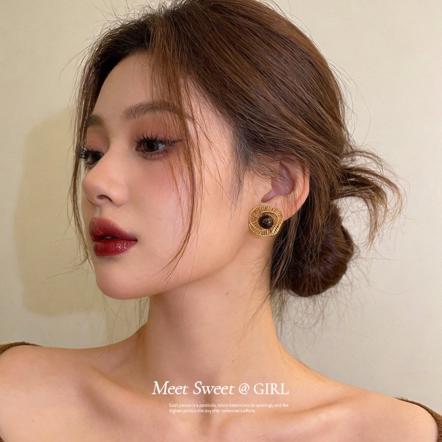 美拉德复古虎眼石花朵镂空耳钉