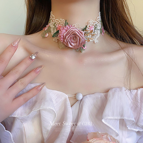 粉色蕾丝花朵项链蕾丝choker