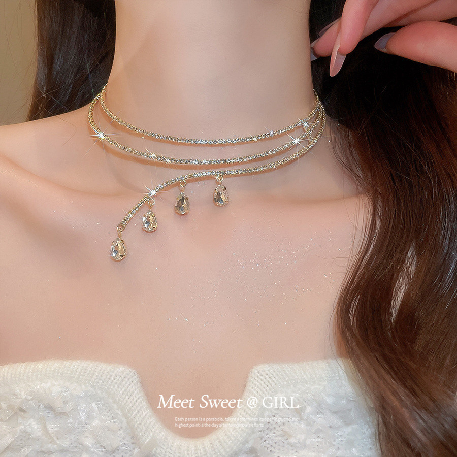 欧美风水钻多层水滴吊坠项链女款