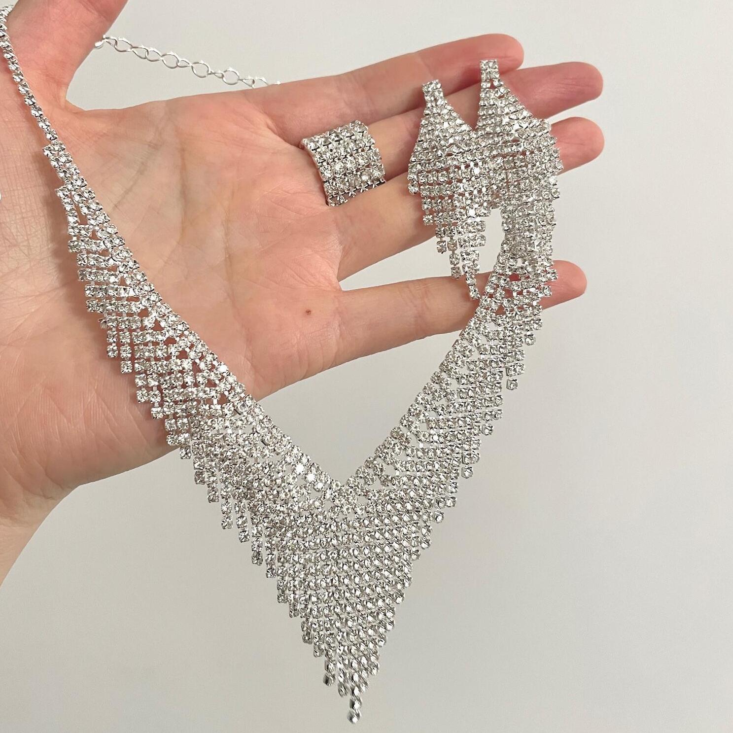 夸张礼服流苏项链戒指耳钉手链四件套婚纱新娘配饰女款轻奢高级感