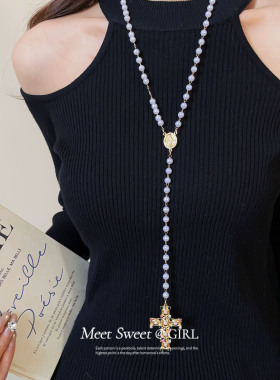 珍珠十字架小众简约百搭毛衣链女