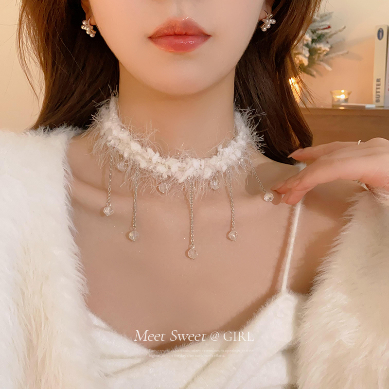 毛绒流苏颈链白色毛毛choker