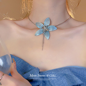 蓝色刺绣渐变花朵流苏吊坠项链氛围感气质锁骨链小众精致甜美颈链