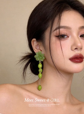 度假风绿色花朵流苏耳环2026新款爆款高级感夸张小众耳钉耳饰女款