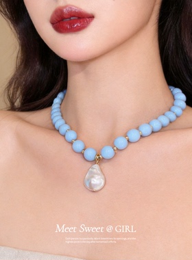 法式浅蓝亚克力串珠颈链choker