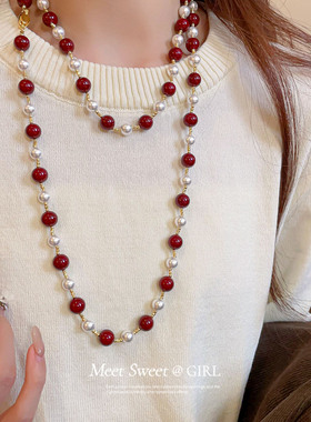 「遇见饰品MEET」珍珠串珠双层叠戴项链长款毛衣链时尚简约配饰女