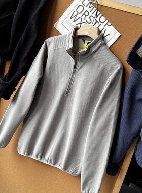 复古加绒男秋冬保暖抗皱运动华夫格肌理半拉链套头卫衣50273