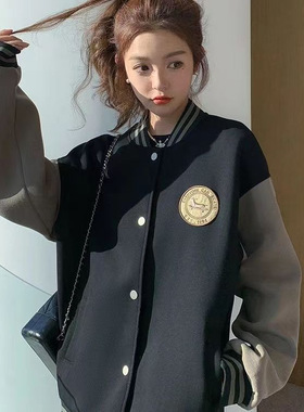 美式复古宽松黑色夹克棒球服外套女夏秋季2025新爆款oversize上衣