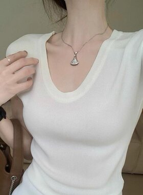 冰丝针织短袖正肩t恤女夏季薄款洋气小众独特别致显瘦小飞袖上衣