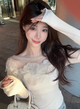 法式立体花朵长袖T恤衫女早秋新款设计感修身显瘦绝美洋气上衣潮