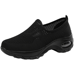 夏季网鞋女网面透气镂空厚底女鞋一脚蹬黑色上班工作鞋软底妈妈鞋