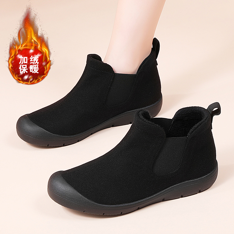 黑色高帮鞋女冬季一脚蹬中老年妈妈鞋防滑软底不累脚加绒保暖棉鞋