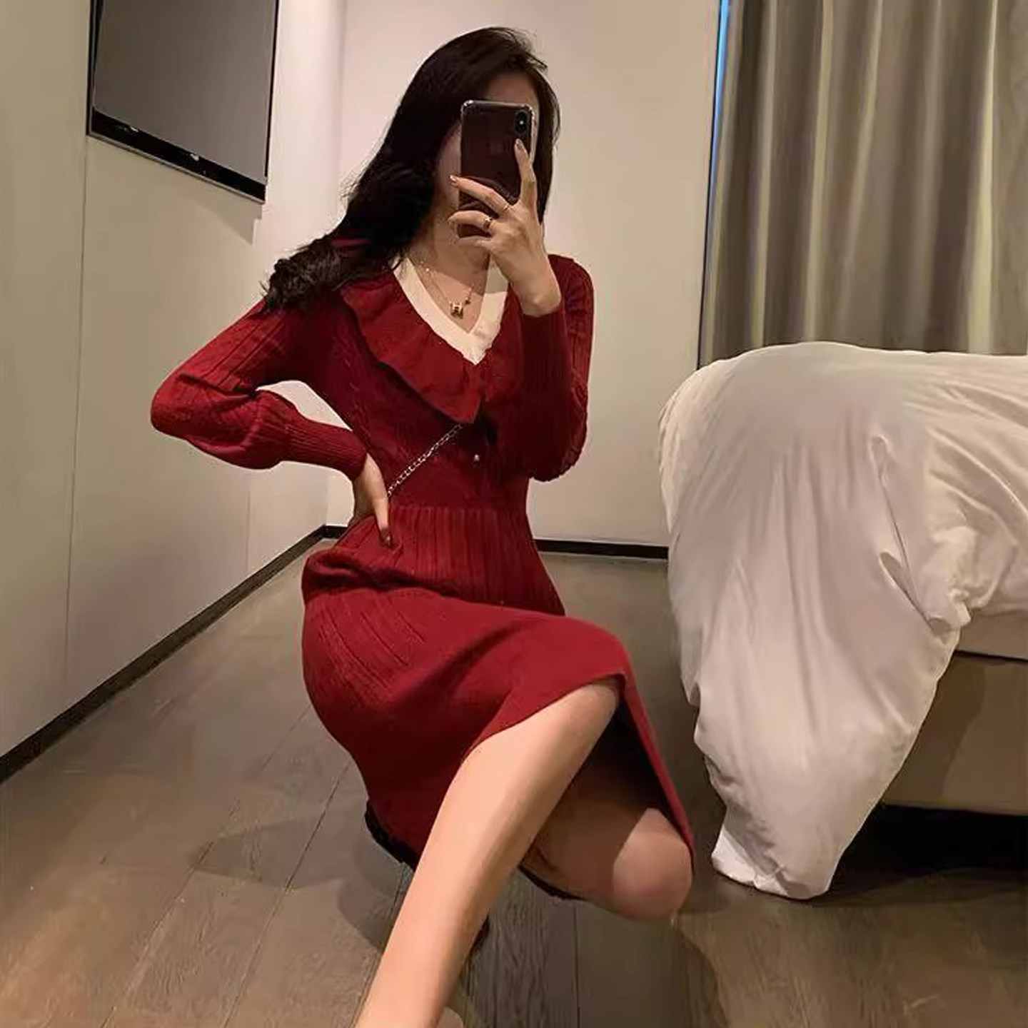 韩版气质温柔淑女港式复古秋冬小香风针织毛衣连衣裙打底裙
