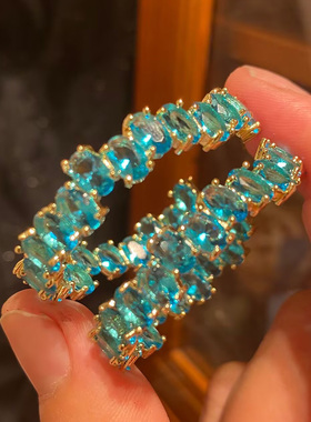 糖果色圈圈耳环海蓝色波浪超闪透明气质优雅复古甜美轻奢锆石耳饰