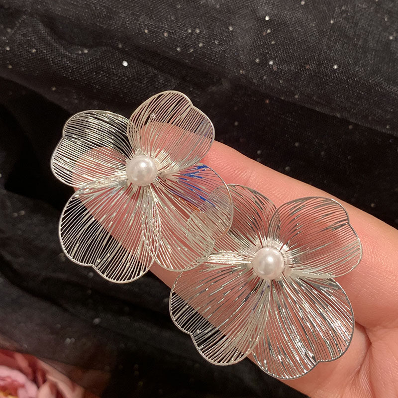 拉丝花朵耳环夸张气质ins优雅网红金晨明星同款镂空珍珠花朵耳饰