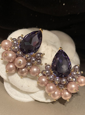 紫色水滴耳环甜美显瘦圆脸晚宴礼服咖色珍珠渐变轻奢S925银针