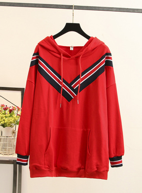 300斤特大码女装胖mm宽松显瘦彩条上衣连帽卫衣MD04121