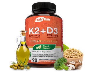 美国NutriFlair 维生素 D3 K2( Mk7)植物成分加胡椒提取物90粒