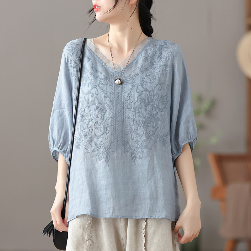dza 复古薄款苎麻上衣女士短袖衬衫夏季新款宽松V领气质棉麻衬衣