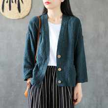 外衣春秋季 复古短外套女2019新款 亚麻上衣服 DZA文艺棉麻开衫 韩版