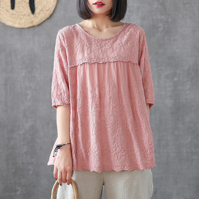 dza纯色提花七分袖娃娃衫女春季装2020款百搭文艺棉衬衫宽松上衣