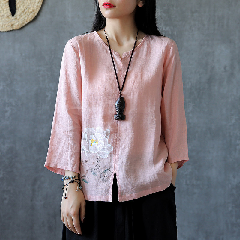 DZA复古小v领开叉荷花宽松七分袖粉色亚麻t恤女夏季百搭棉麻上衣