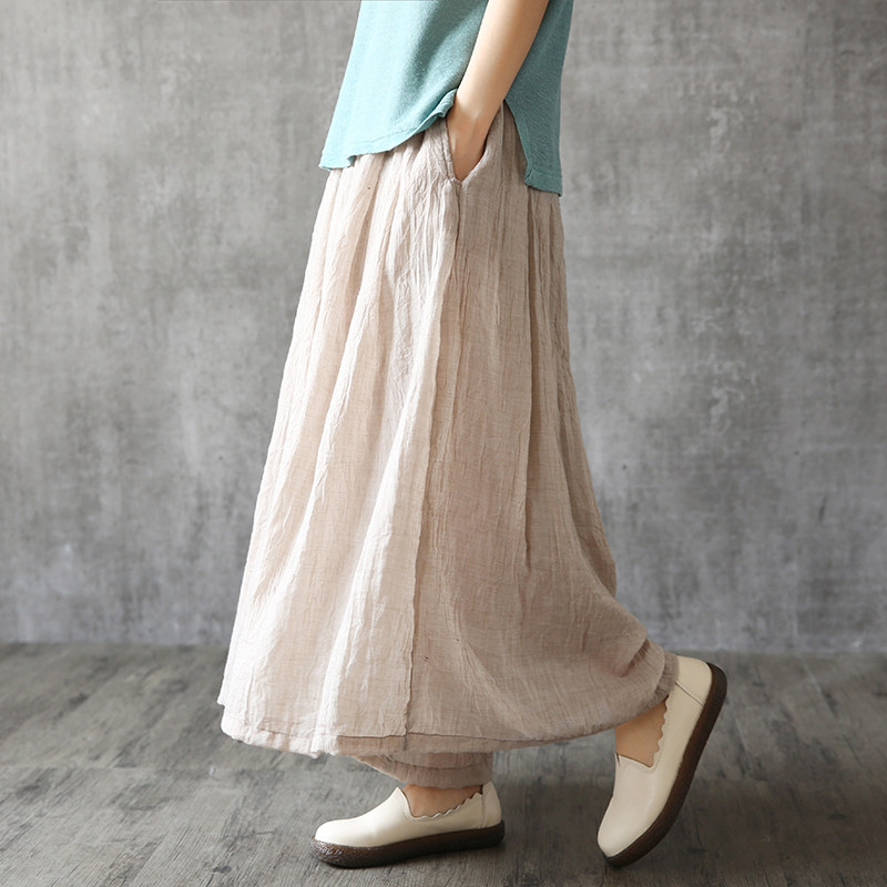dza垂感亚麻复古高腰阔腿裙裤女夏季宽松文艺棉麻长裤子九分裤裙