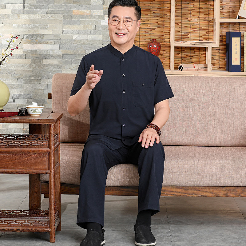 爸爸夏装套装时尚唐装男中老年60岁爷爷夏季中国风冰丝老年人衣服