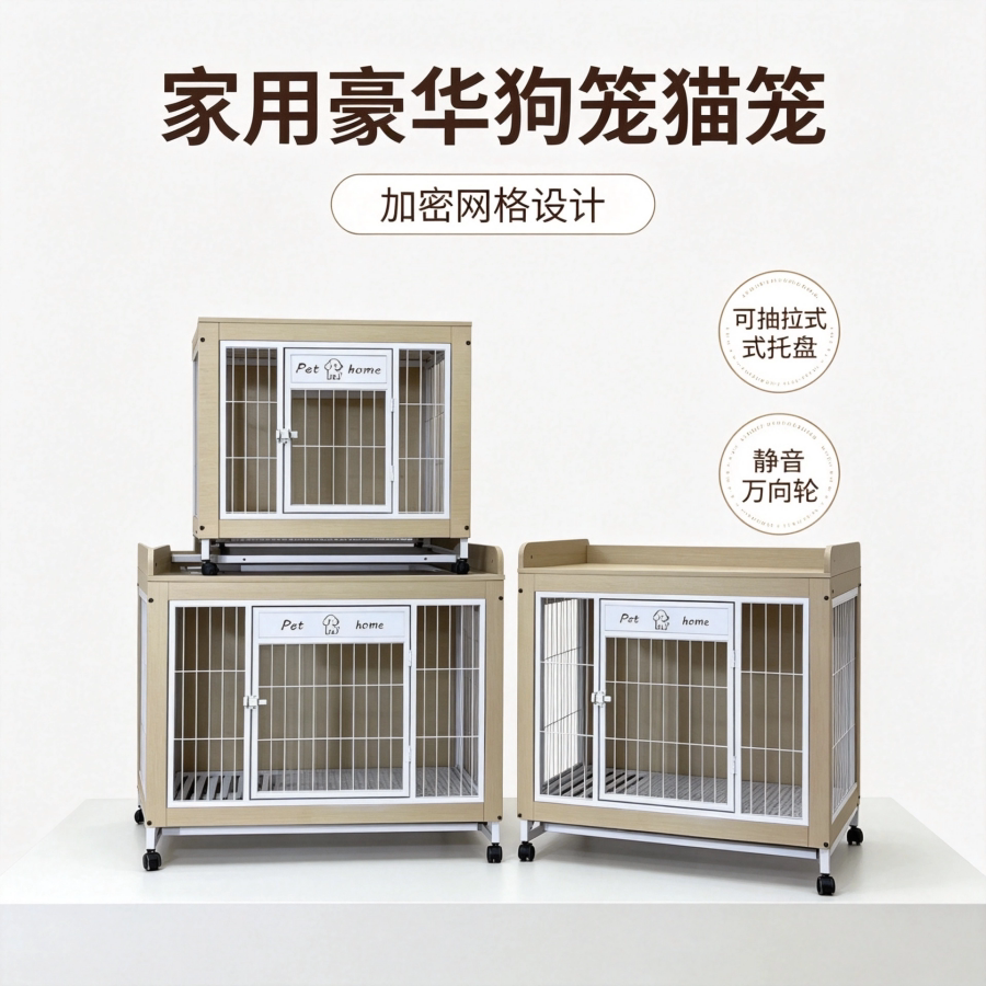 家用豪华狗笼猫笼加密网格双层室内幼犬带厕所托盘静音万向轮