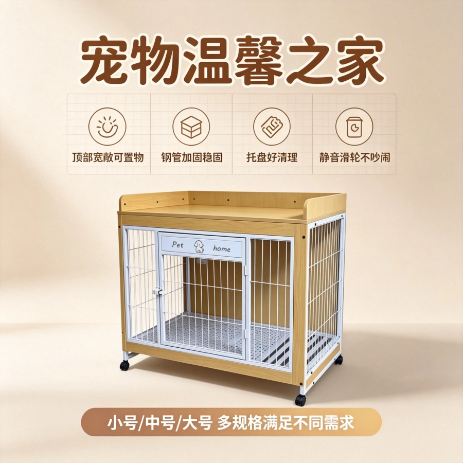 简约家居风狗笼子 加粗钢网宠物别墅带滚轮室内狗狗窝带抽拉托盘