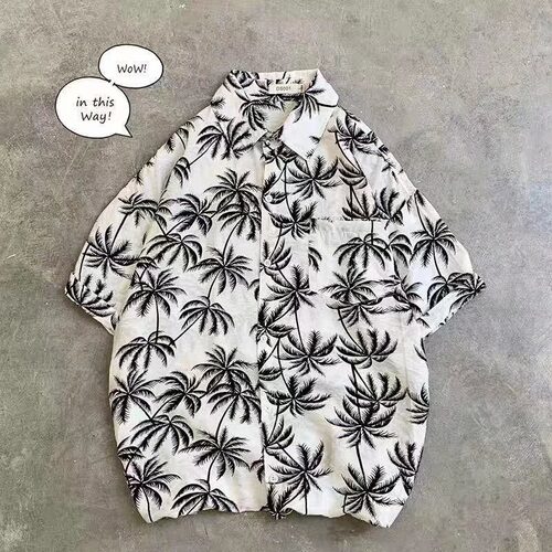bf宽松衬衫男韩版慵懒风青少年夏季百搭碎花衬衣男潮牌个性五分袖