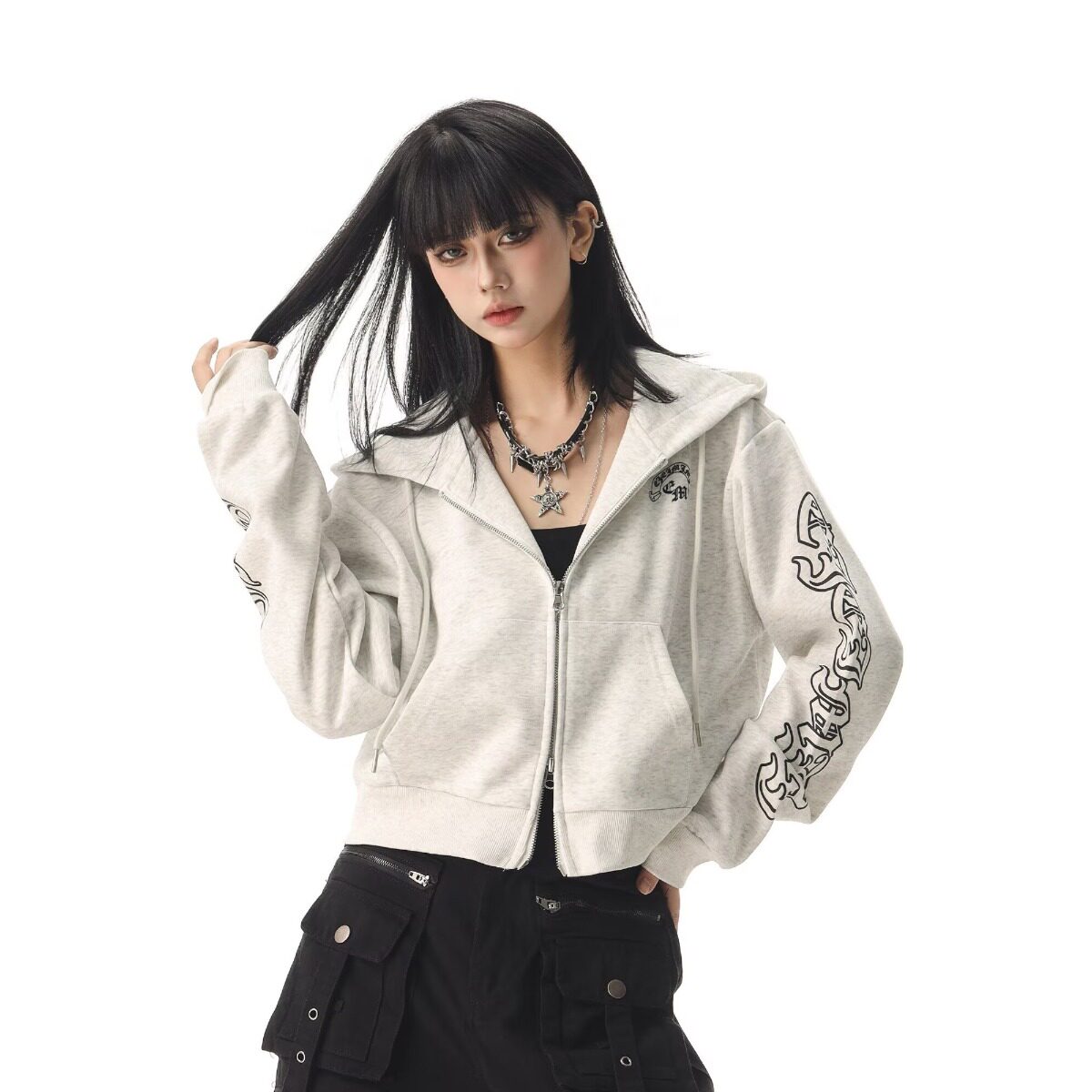 华夫格灰色梵文十字潮牌连帽外套女秋冬新款oversize小众开衫卫衣