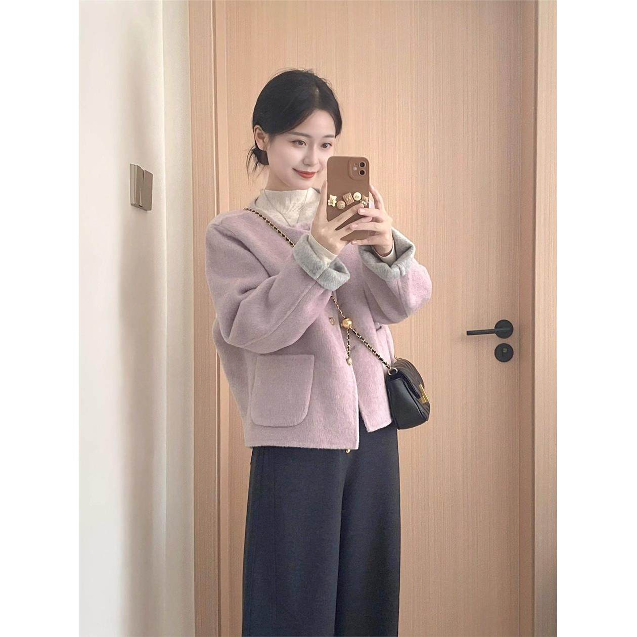秋冬搭配一整套韩系穿搭正反两穿紫色毛呢外套内搭阔腿裤三件套装,女装/女士精品,大码套装,淘宝优惠券,粉丝福利购,淘宝优惠卷