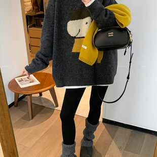灰色长袖卡通针织毛衣女2025秋冬季新款宽松慵懒风遮屁股加厚上衣