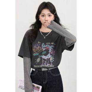 防晒小衫 韩版 高级上衣今年流行 新款 潮 假两件涂鸦T恤女2025夏季