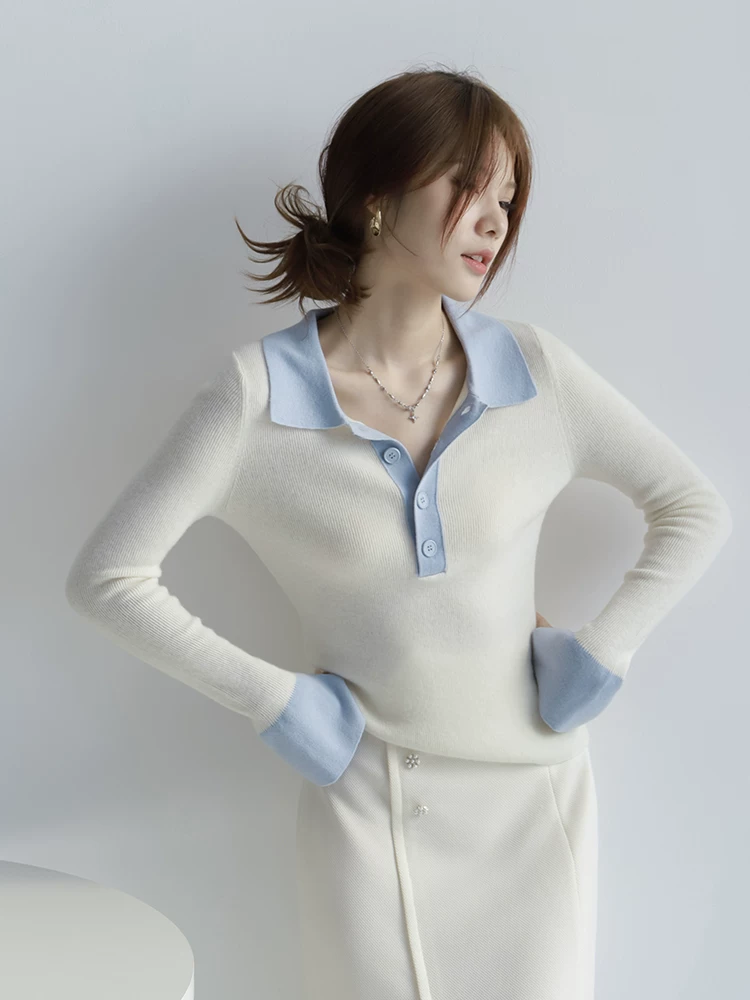 素云妍2026春秋新款时髦正肩撞色翻领长袖羊毛打底针织衫,女装/女士精品,毛针织衫,淘宝优惠券,粉丝福利购,淘宝优惠卷