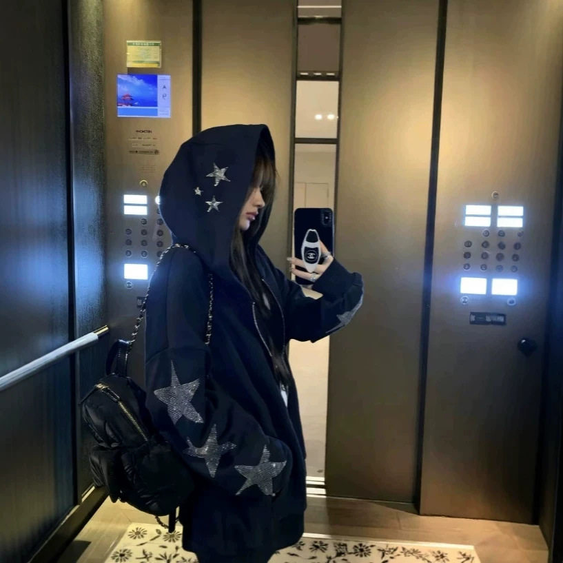 美式风星星烫钻连帽卫衣情侣款春秋季设计感十足精致男女拉链外套