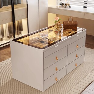 简约轻奢衣帽间中岛台家用首饰收纳柜卧室斗柜实木珠宝饰品展示柜