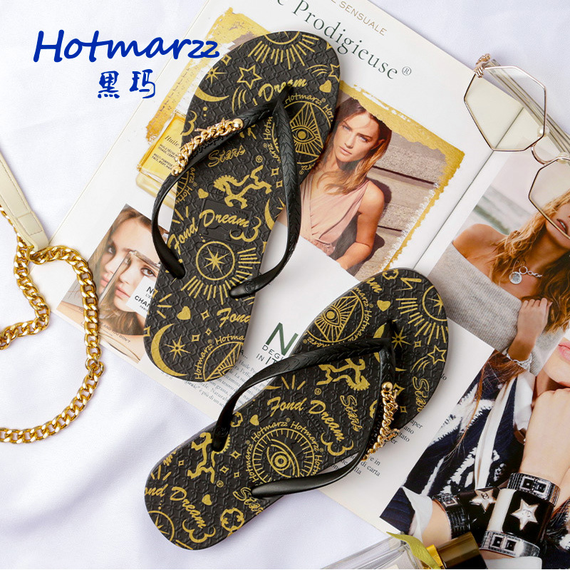 Hotmarzz黑玛女士饰扣潮人字拖鞋外穿逛街旅游凉拖鞋防滑新款