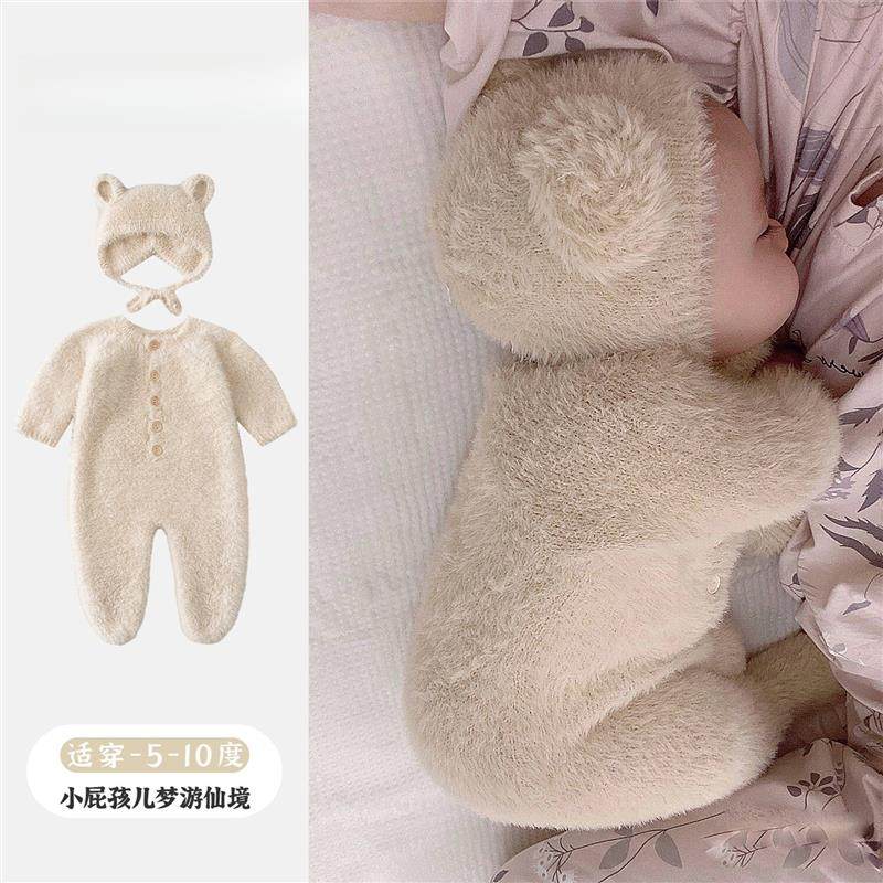 婴儿连体衣春秋款宝宝衣服可爱超萌毛绒小熊哈衣新生儿秋季毛茸茸