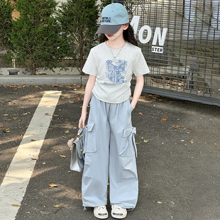 2025新款 韩版 中大童时尚 女童夏装 裤 套装 休闲学生工装 两件套潮 短袖